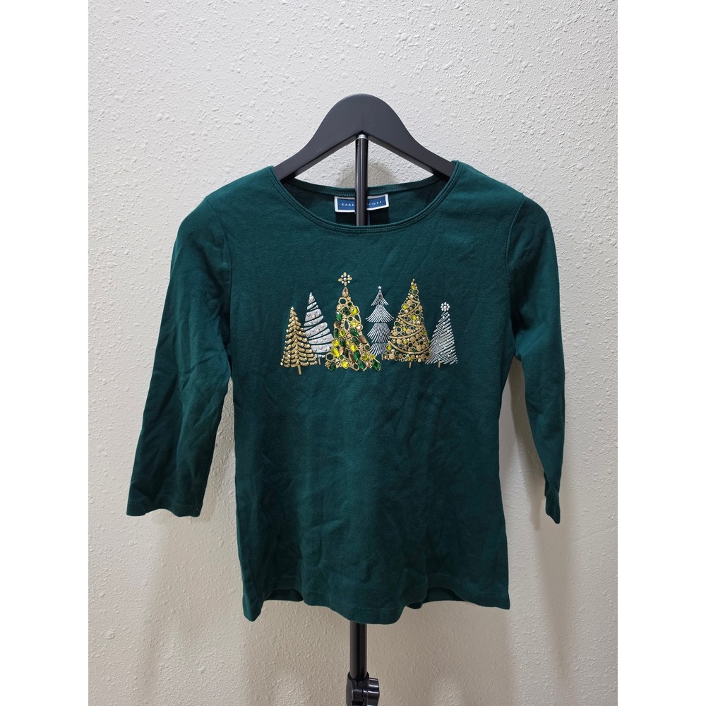Karen Scott Womens Green Christmas Tree Beaded Embroidered 3/4 Sleeve Top Small